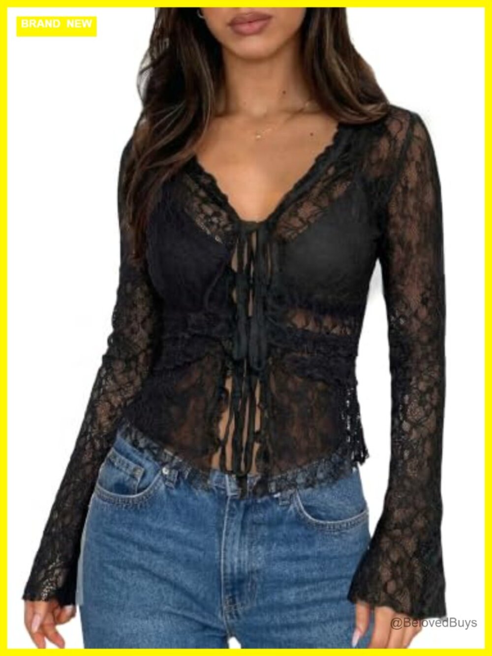 Women's Lace Mesh Bell Sleeve Tie Front V Neck Blouse
